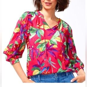 Chico’s Red Tropical Floral Tassel Blouse Size 0.5 (US 6)